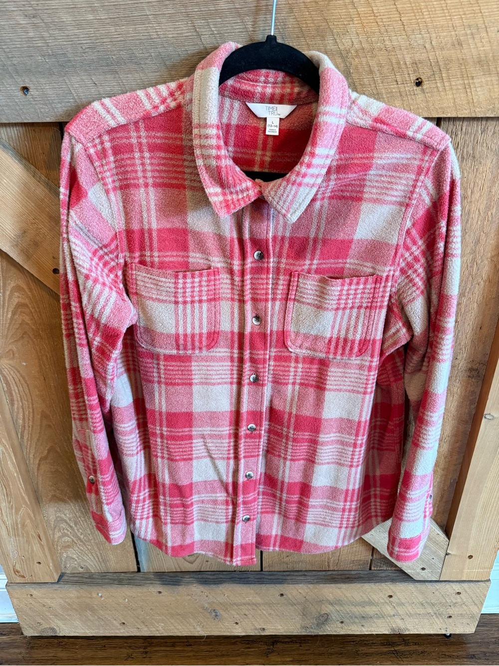 Time and Tru Pink and Cream Plaid Button-Front Shirt L flannel/fleece SOFT!